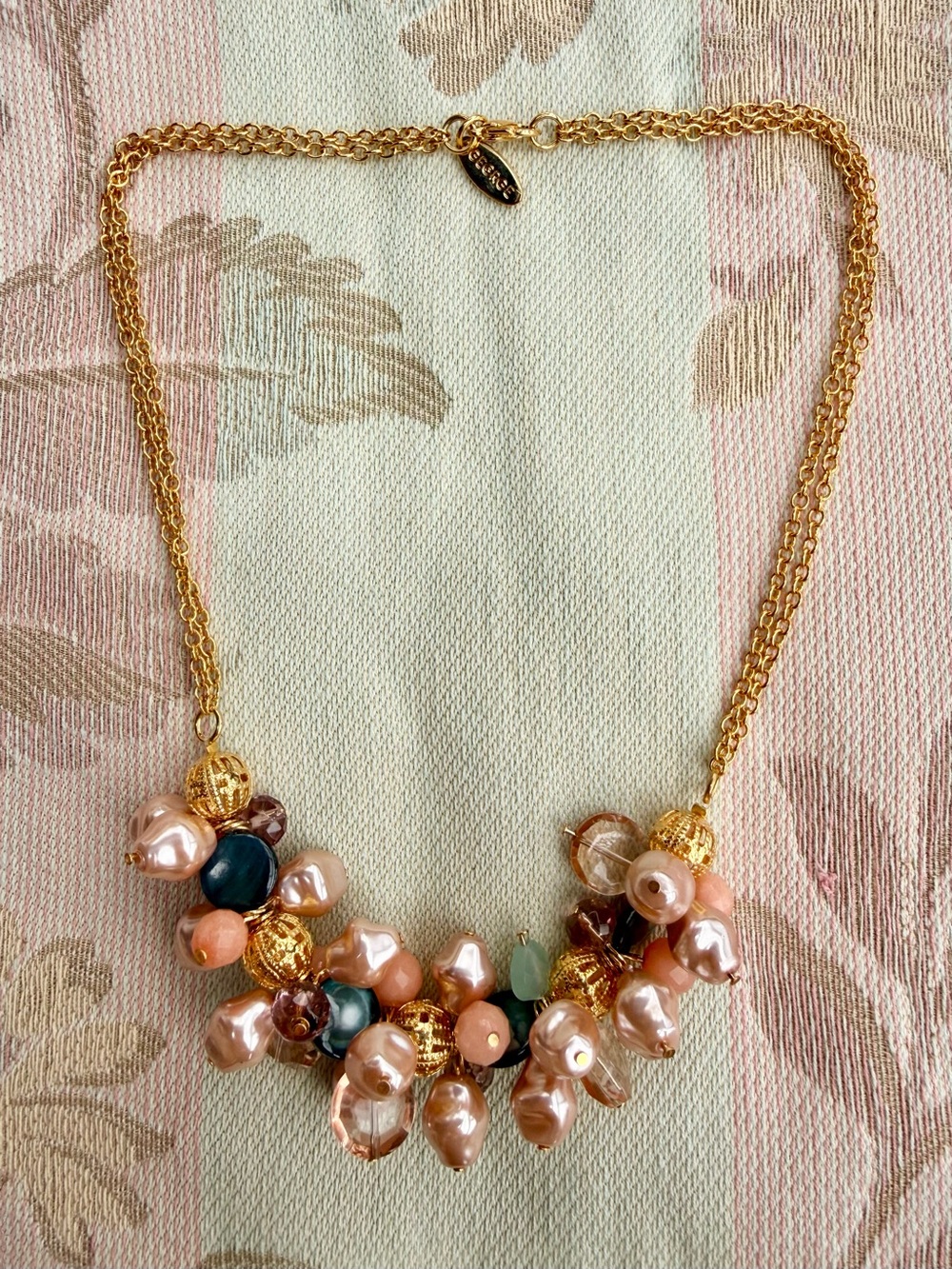 George Gold Chain Statement Necklace with Faux Pink Pearls and Multicolor Beads
